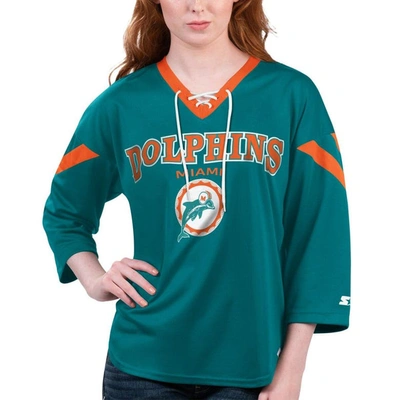 Starter Women's  Aqua Miami Dolphins Rally Lace-up 3/4 Sleeve T-shirt