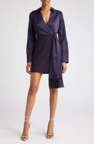 Likely Leandra Long Sleeve Satin Faux Wrap Minidress In Navy