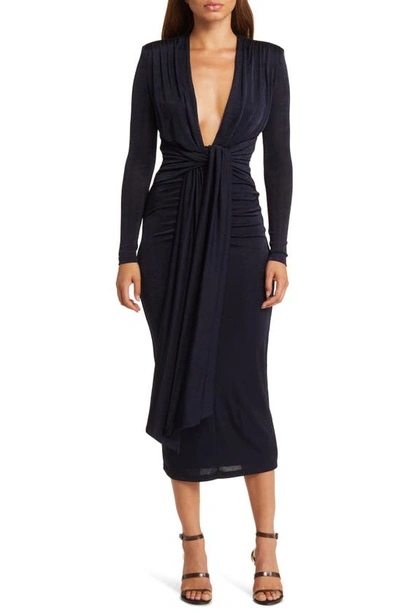 Misha Collection Francis Long Sleeve Plunge Neck Midi Dress In Navy