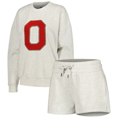 Gameday Couture Women's  Ash Ohio State Buckeyes Team Effort Pullover Sweatshirt And Shorts Sleep Set