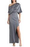 Elliatt Andrea One-shoulder Satin Gown In Grey