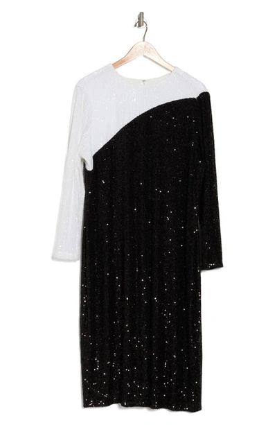 Anne Klein Colorblock Sequin Long Sleeve Midi Dress In Black