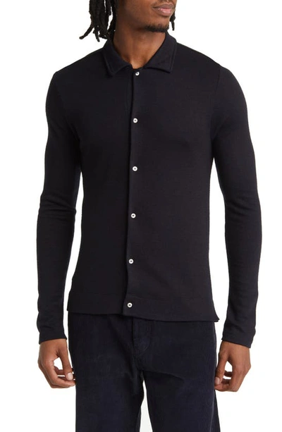 Officine Generale Brent Knit Wool Button-up Shirt In Dark Navy