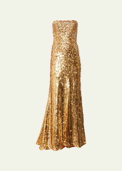 Carolina Herrera Embellished Sequin Strapless Column Gown In Gold
