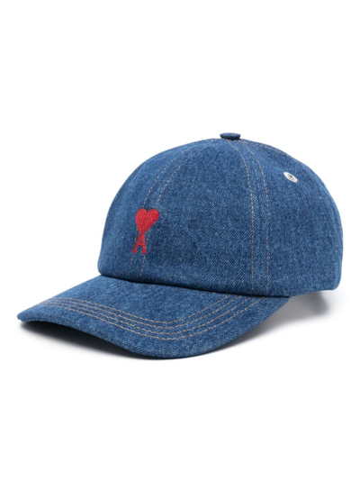 Ami Alexandre Mattiussi Red  De Coeur Embroidery Cap Hat In Used Blue