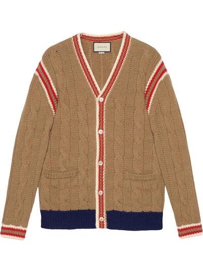 Gucci Cable Knit Wool Cardigan In Brown
