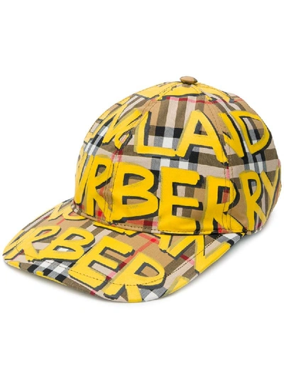 Burberry Graffiti-print Vintage Check Baseball Cap In Yellow