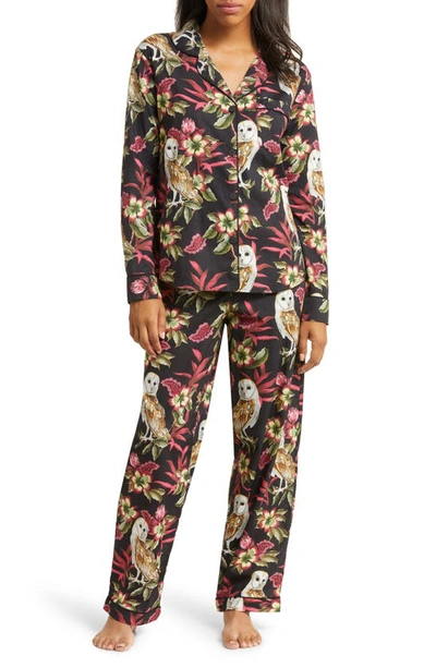 Desmond & Dempsey Floral Long Sleeve Cotton Pajamas In Owl Pink