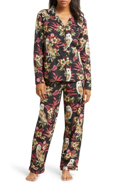 Desmond & Dempsey Floral Long Sleeve Cotton Pajamas In Black