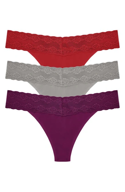 Natori Bliss Perfection Lace Trim Thong In Purple/ Grey/ Red