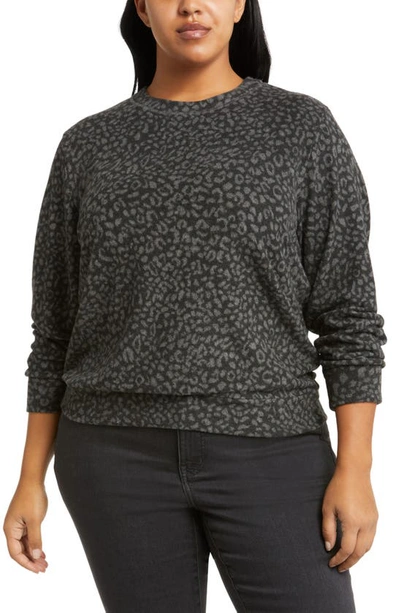 Loveappella Loveapella Brushed Leopard Print Long Sleeve Crewneck Top In Gray/ Black