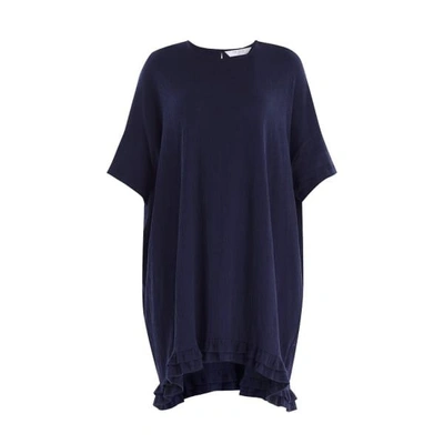Paisie Relaxed Fit Cotton Dress With Ruffled Dip Hem In Navy