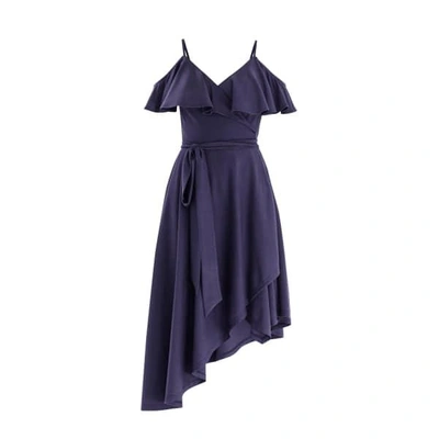 Paisie Cold Shoulder Wrap Front Dress With Frills & Asymmetric Hem In Indigo