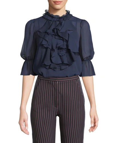 See By Chloé Ruffle-bib Floral Applique Chiffon Blouse In Navy