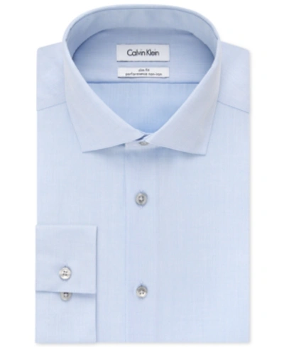 Calvin Klein Steel Men's Slim-fit Non-iron Performance Spread Collar Herringbone Dress Shirt In Blue
