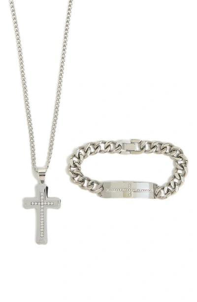 American Exchange Crystal Cross Pendant Necklace & Bracelet Set In Silver