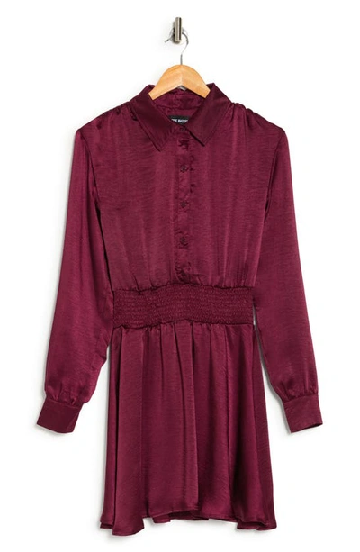 Steve Madden Shirred Waist Satin Shirtdress In Wine