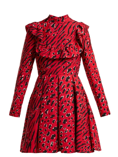 Valentino Long-sleeve Animal-print Crepe Couture Mini Dress W/ Ruffle Bib In Red Print