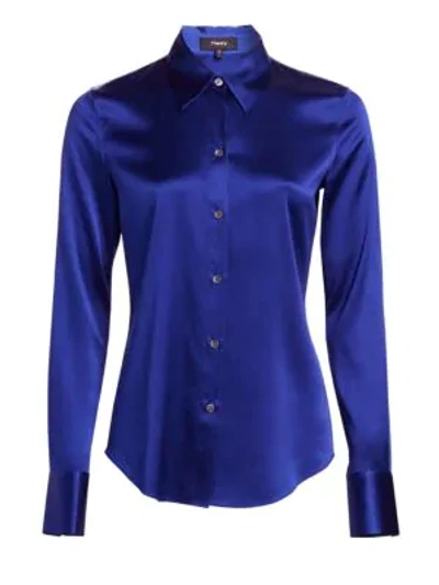 Theory Perfect Fitted 2 Stretch-satin Long-sleeve Button-down Blouse In Cosmic Blue