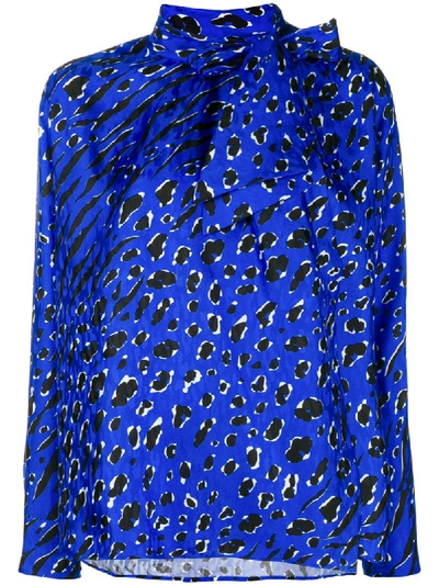 Valentino Tie-neck Long-sleeve Animal-print Jacquard Blouse In Blue