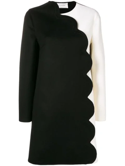 Valentino Colorblock Felt Coat W/ Scalloped Edge In Black And White