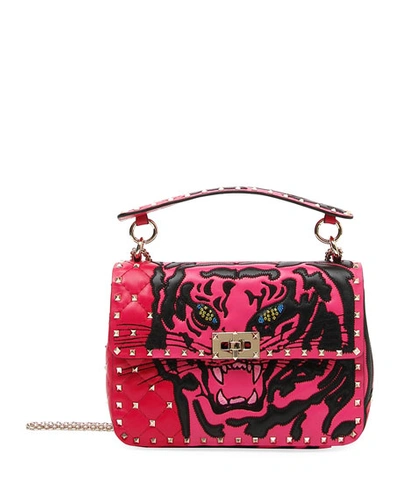 Valentino Garavani Rockstud Tiger Leather Shoulder Bag In Pink/black