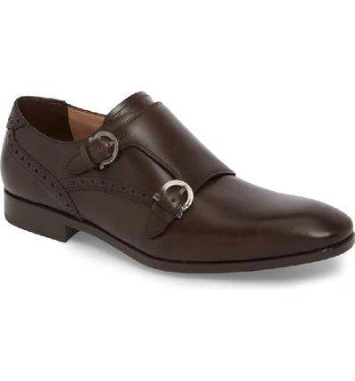 Ferragamo Men's Blair Gancini-buckle Leather Double-monk Shoe In Brown Leather