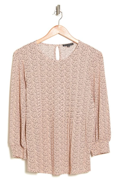 Adrianna Papell Three-quarter Sleeve Pleated Moss Crepe Top In Champagne Scattered Leaf