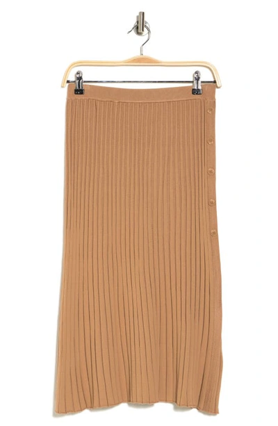 Adrianna Papell Side Button Ribbed Knit Midi Skirt In Soft Camel
