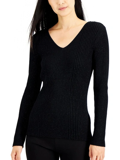 Alfani Womens Ribbed Metallic V-neck Sweater In Black