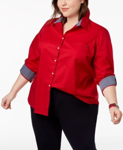 Tommy Hilfiger Plus Size Heritage Cotton Utility Shirt, Created For Macy's In Scarlet