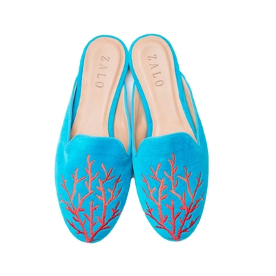 House Of Zalo Coral Velvet Mule In Turquoise In Blue