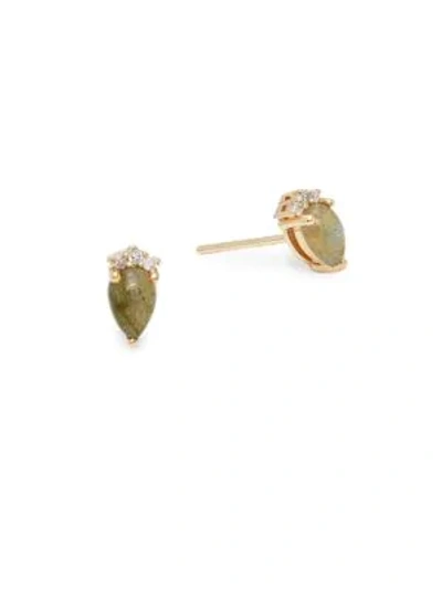Saks Fifth Avenue Diamond, Labradorite And 14k Yellow Gold Round Stud Earrings