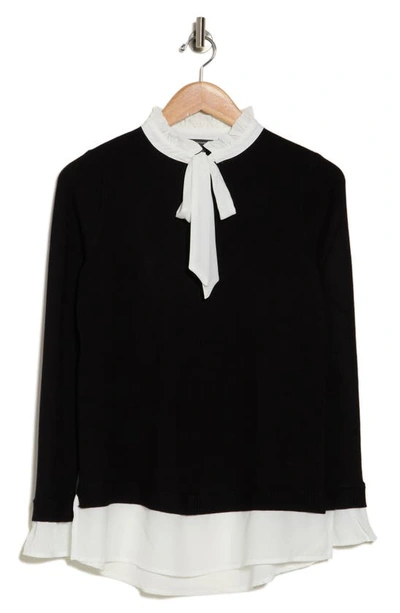 Adrianna Papell Ruffle Tie Neck Sweater In Black/ Ivory