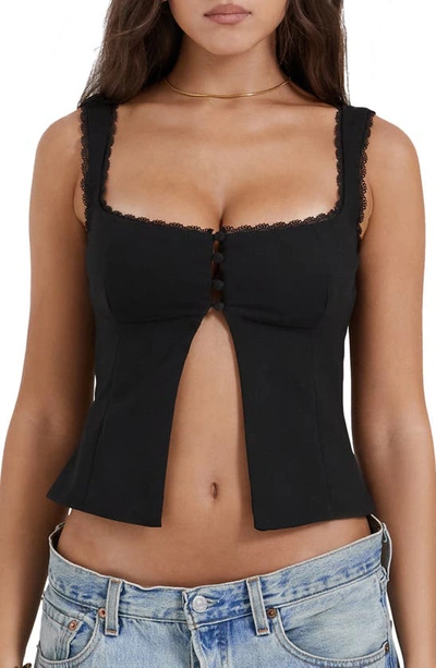 House Of Cb Noura Lace Trim Open Front Tank In Black