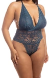 Oh La La Cheri Jeana Plunge High Leg Galloon Lace Bodysuit In Reflecting Pond