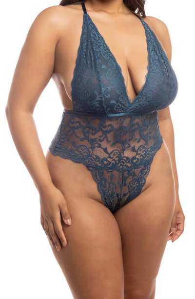 Oh La La Cheri Jeana Plunge High Leg Galloon Lace Bodysuit In Reflecting Pond