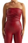 Naked Wardrobe Pleated Strapless Faux Leather Bodysuit In Red