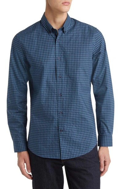 Nordstrom Tech Smart Trim Fit Button-down Shirt In Teal Tap- Navy Will Gingh