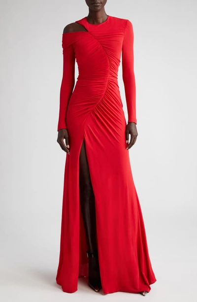 Alexander Mcqueen Ruched Asymmetric Long Sleeve Jersey Gown In 6659 Welsh Red