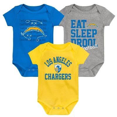 Outerstuff Babies' Newborn & Infant Gold/powder Blue/heather Gray Los Angeles Chargers Three-pack Eat, Sleep & Drool Re In Gold,powder Blue,heather Gray