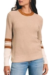 Faherty Throwback Stripe Sleeve Organic Cotton & Cashmere Crewneck Top In Oat Varsit