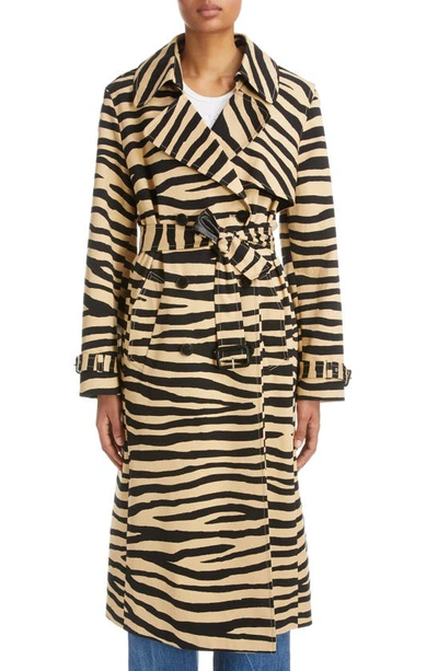 Rabanne Tiger Print Cotton Gabardine Trench Coat In Natural Tiger