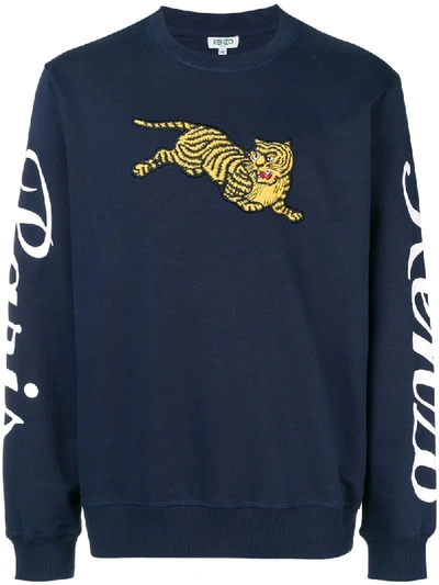 Kenzo Jumping Tiger Embroidered Logo Print Cotton Sweatshirt In Blue
