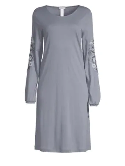 Hanro Jana Embroidered Long Sleeve Cotton Gown In Pale Blue