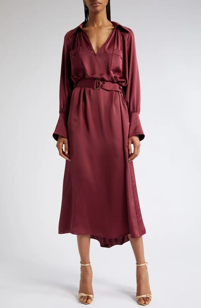 Ramy Brook Cecilia Belted Long Sleeve Satin Dress In Cabernet