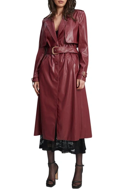 Bardot Faux Leather Trench Coat In Burgundy