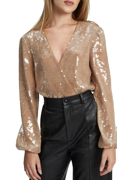 Bardot Verona Long Sleeve Sequin Bodysuit In Beige