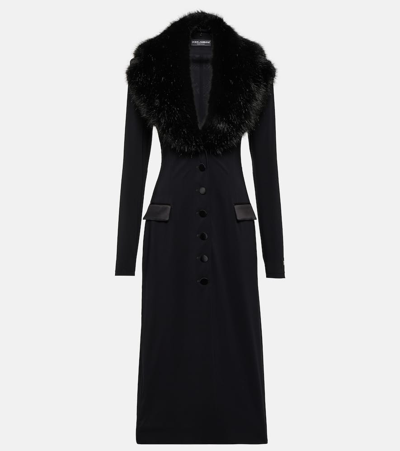 Dolce & Gabbana Long Silk Georgette Coat With Faux Fur Collar In Black