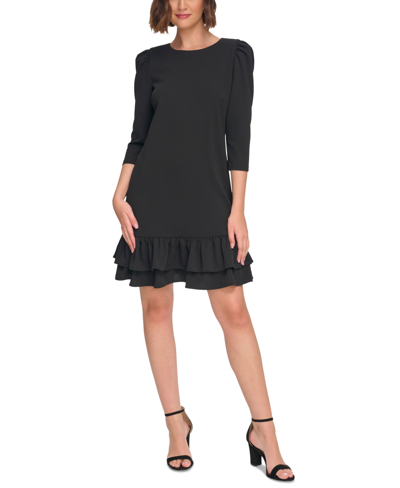 Tommy Hilfiger Women's 3/4-sleeve Ruffled-hem Dress In Black